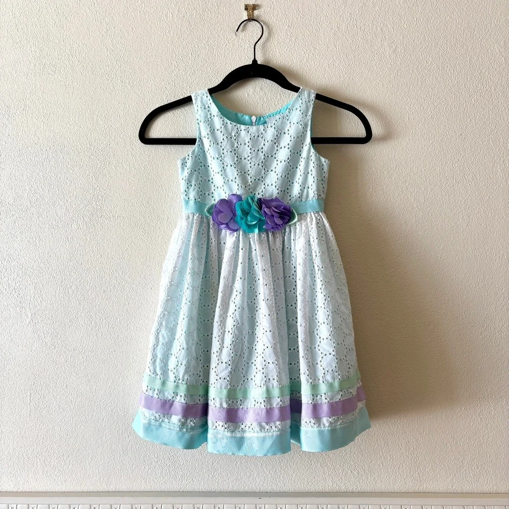 Sweet Heart Rose Girls 5 Blue White Eyelet Floral Ribbon Easter Party Dress